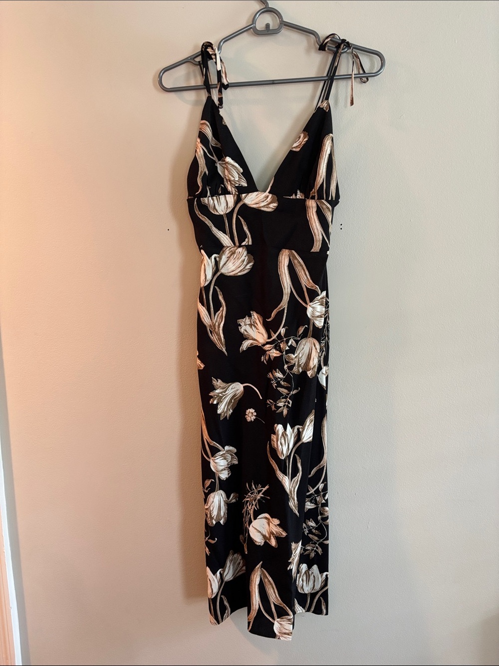 Reformation Talita Black Midi Dress with Cream Floral Arcana Print